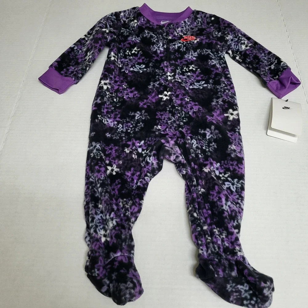 Nike Baby Girls‎ Fleece Footed Pajamas Jumpsuit Purple Floral Print Size 9M NWT